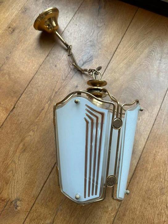 Vintage hang lamp, goudkleurig met glas, Huis en Inrichting, Ophalen of Verzenden, Gebruikt, Glas