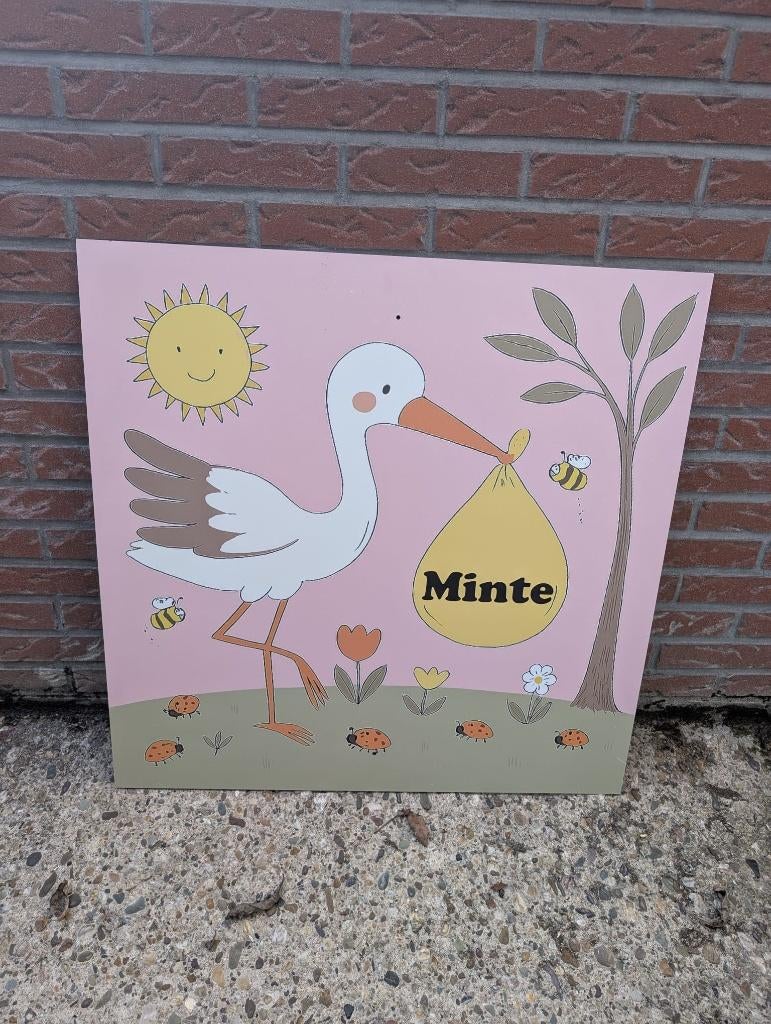 Geboortebord Ooievaar Meisje Roze, Ophalen, Zo goed als nieuw, Geboortebord