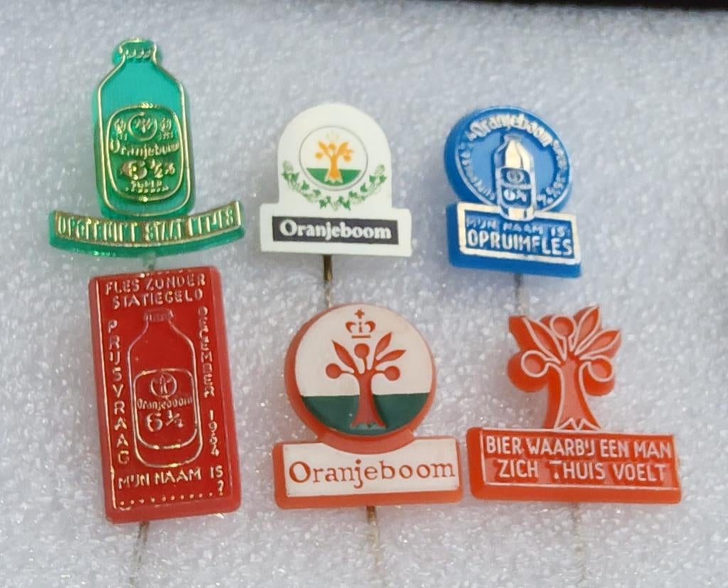 6 Oranjeboom Bier Speldjes - Vintage Verzameling, Verzamelen, Speldjes, Pins en Buttons, Ophalen of Verzenden, Gebruikt, Merk