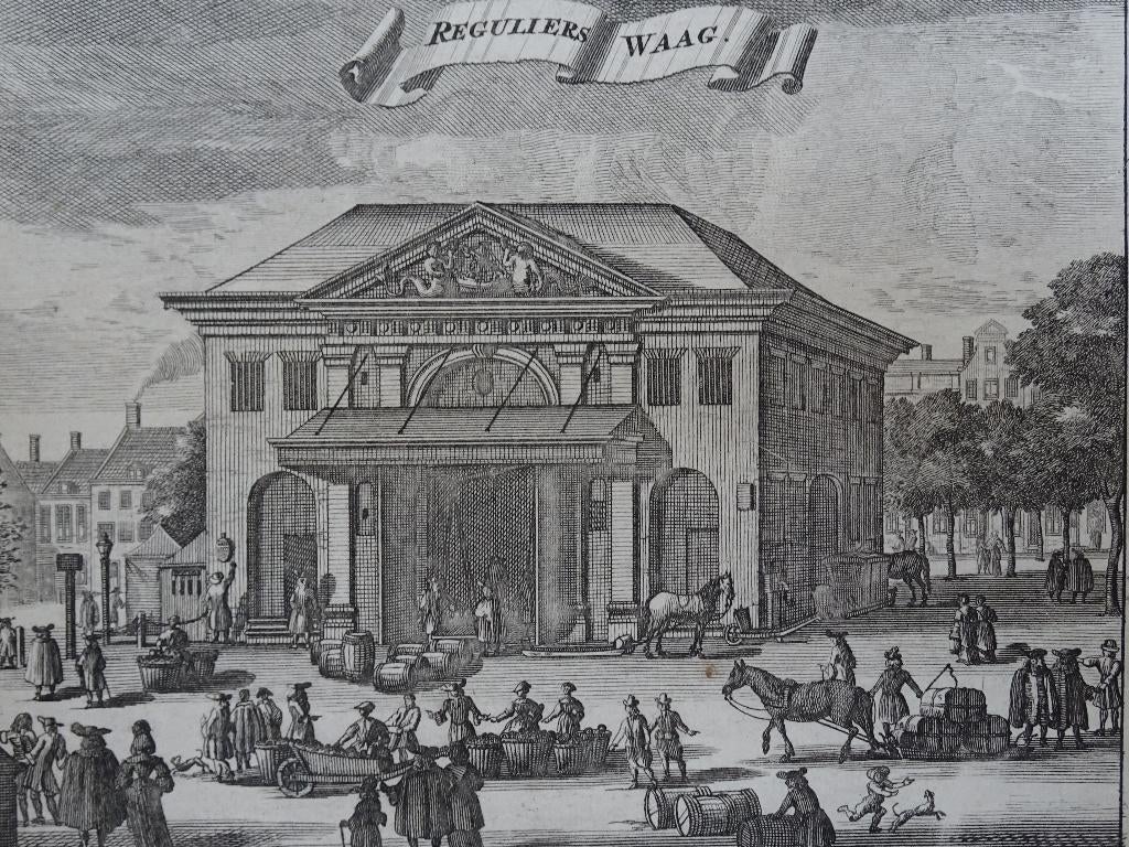 gravure Reguliers Waag Amsterdam uit 1726, C. Commelin, Antiek en Kunst, Kunst | Etsen en Gravures, Verzenden