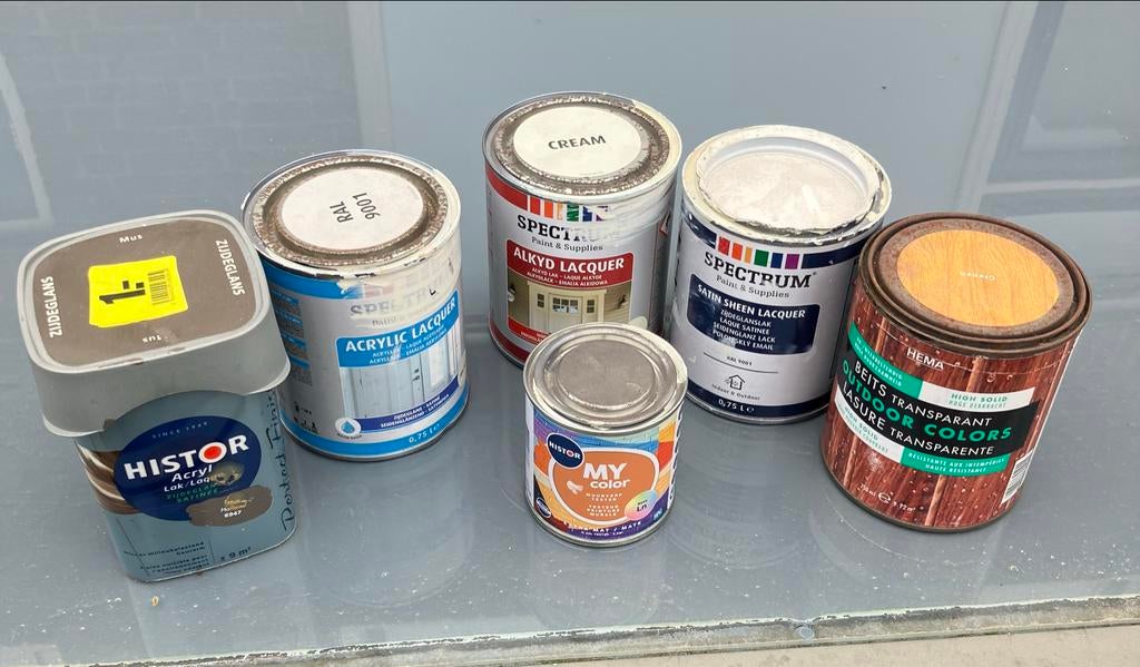 Diverse verf en beits - Verschillende kleuren en types, Doe-het-zelf en Verbouw, Verf, Beits en Lak, Ophalen, Gebruikt, Overige kleuren