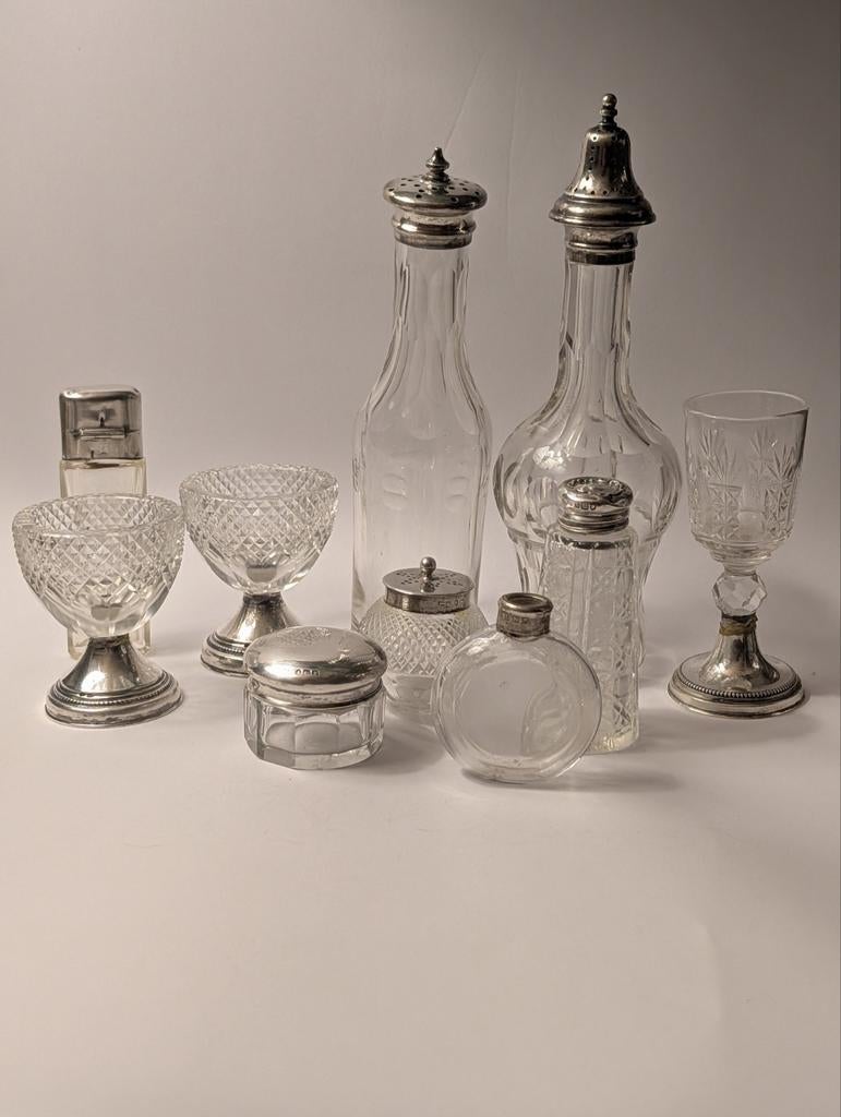 Collectie Antiek Kristal & Glas met Zilveren Beslag, Ophalen of Verzenden