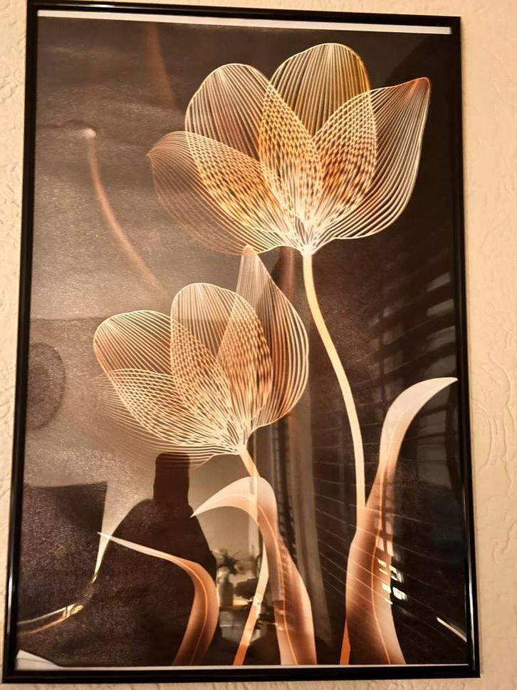 Modern Schilderij met Gouden Bloemen - Set van 3, Antiek en Kunst, Kunst | Schilderijen | Modern, Ophalen of Verzenden