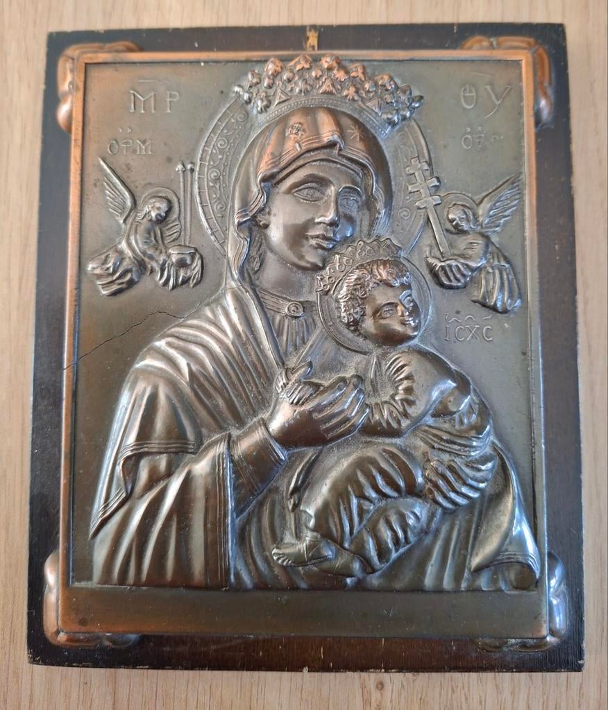 Antieke koperen icoon Maria met kind, religieus kunstwerk, Ophalen