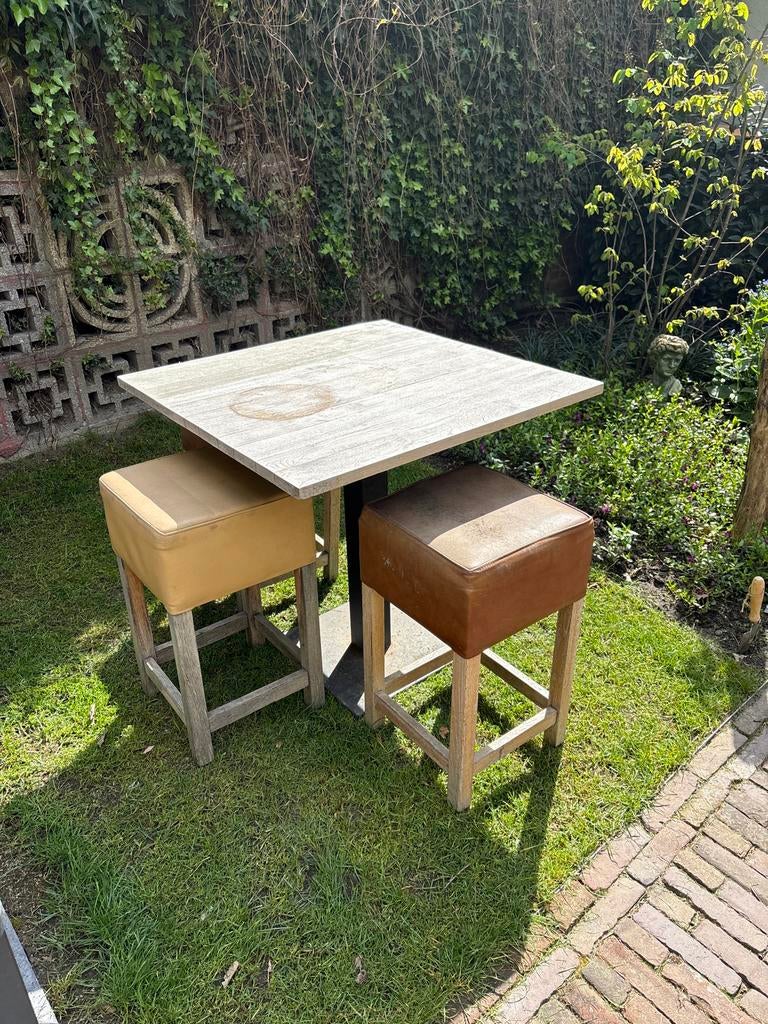 Horeca bistro tafel met 3 krukken, Ophalen, Gebruikt, Rechthoekig, Hout