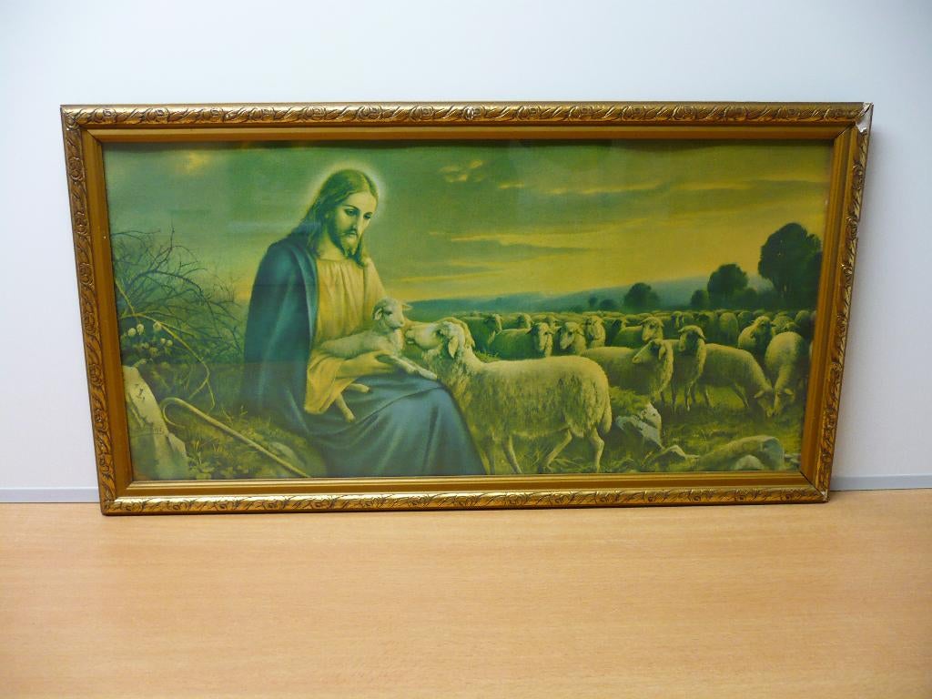 Schilderij Jezus met kudde schapen met lijst en glas., Ophalen
