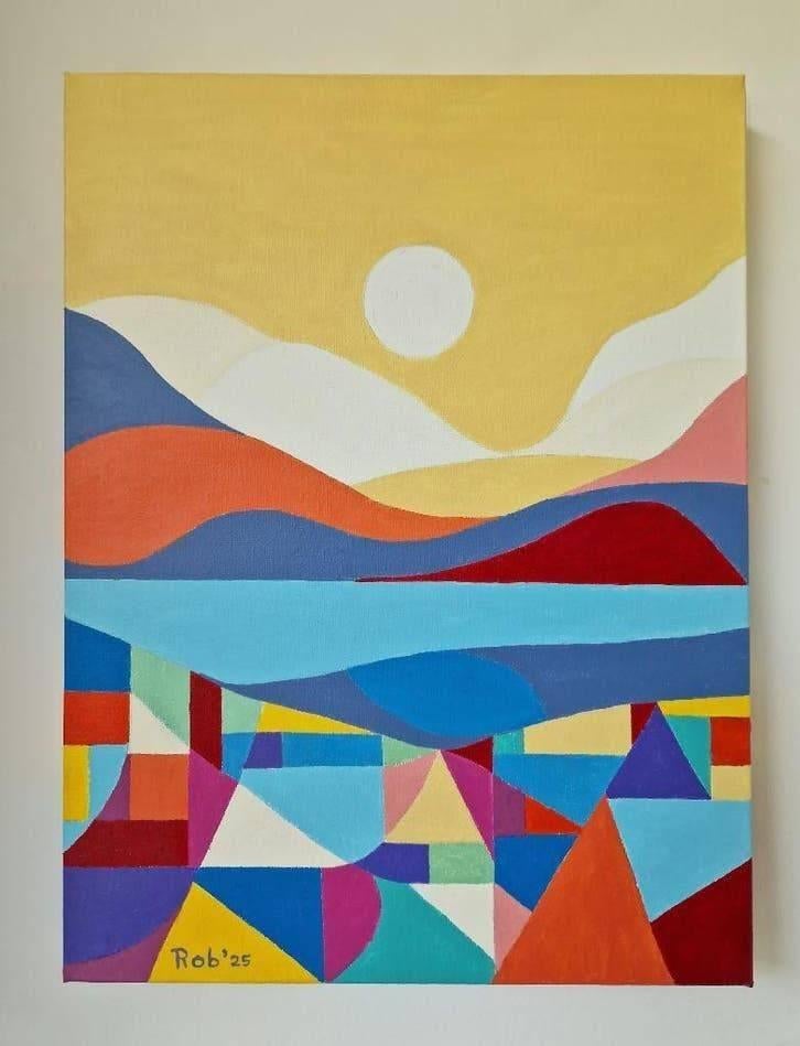 Abstract landschap , zelf geschilderd op doek met acryl, Antiek en Kunst, Ophalen