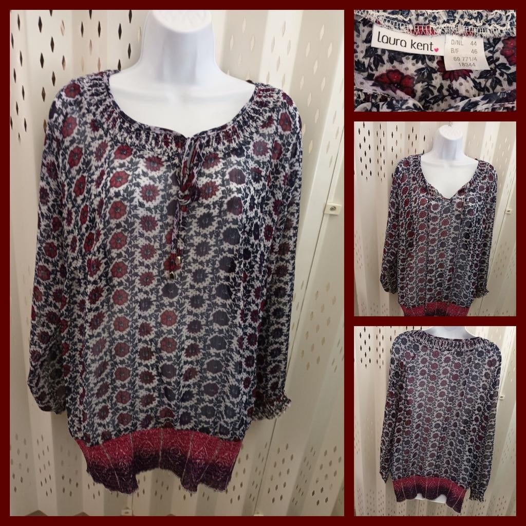 Laura Kent donkerblauw-witte blouse met bloemenprint 44-46, Kleding | Dames, Blauw, Maat 46/48 (XL) of groter, Ophalen of Verzenden