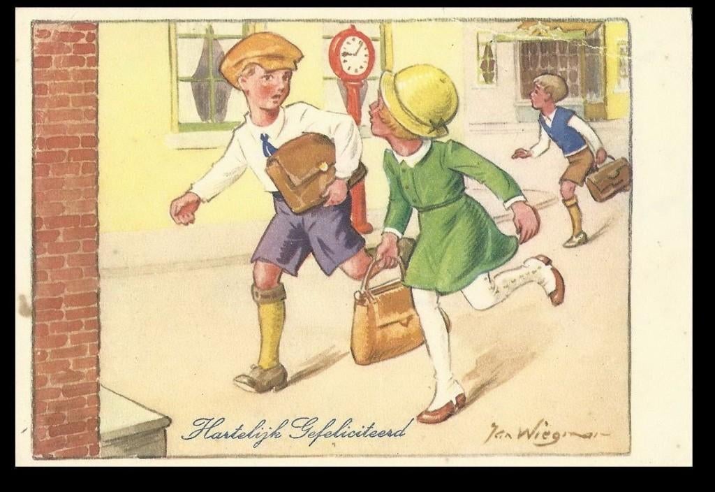 Jan Wiegman. kinderen komen van school, Verzamelen, Verzenden, 1920 tot 1940, Ongelopen, Kinderen