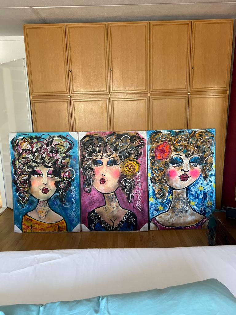 Set van 3 kleurrijke kunstwerken: 'Vrouwen met Krullen', Antiek en Kunst, Kunst | Schilderijen | Modern, Ophalen