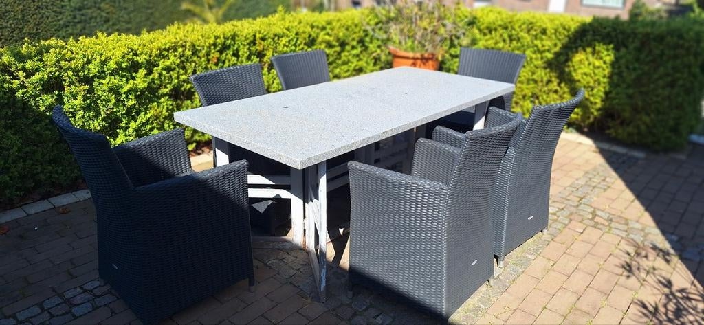 Grote tuintafel met marmeren blad en 6 stoelen, Ophalen, Gebruikt, Schuur