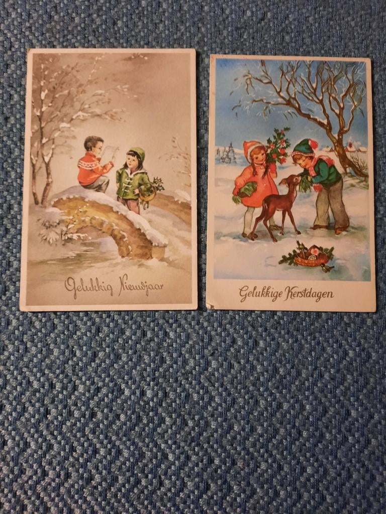 2 Oude Kerstkaarten / Nieuwjaarskaarten - Jaren '40-'60, Ophalen of Verzenden, 1940 tot 1960, Ongelopen