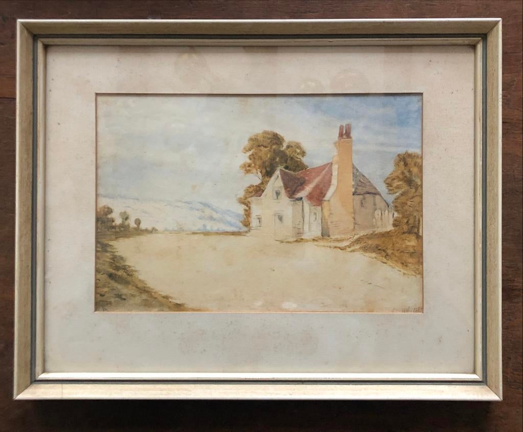 Antieke aquarel: Huisje in landschap, gesigneerd 1884, Antiek en Kunst, Ophalen of Verzenden
