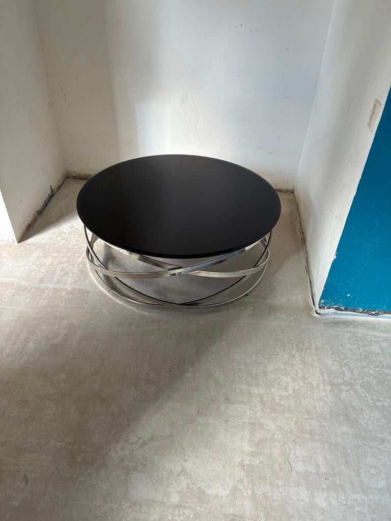 Ronde salontafel met glazen blad en metalen onderstel, Ophalen, Gebruikt, Rond, Glas