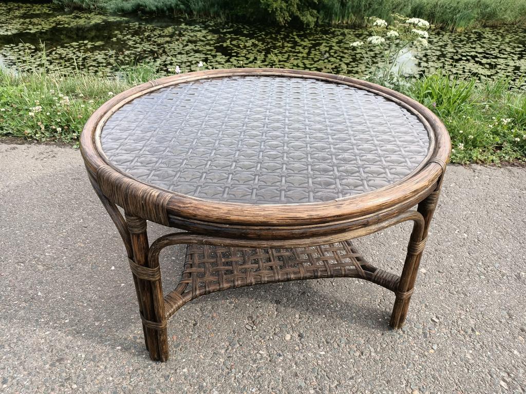 Ronde vintage salontafel van manou rotan en rookglas blad, Ophalen, 50 tot 100 cm, Vintage mid century, Glas