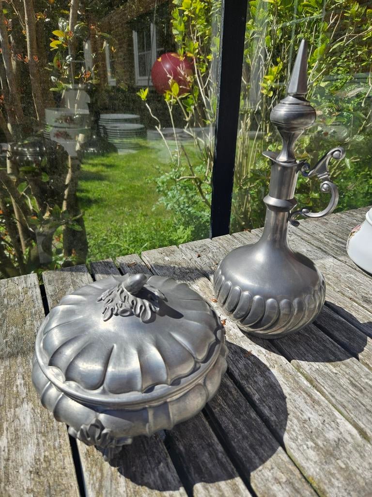 Antieke tinnen kan en doos - Decoratieve set, Ophalen of Verzenden
