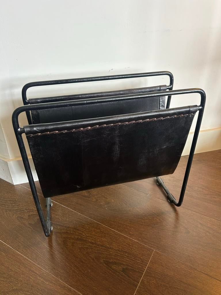 Vintage Leren Magazine Houder - Zwart Metaal & Leer, Ophalen, Gebruikt