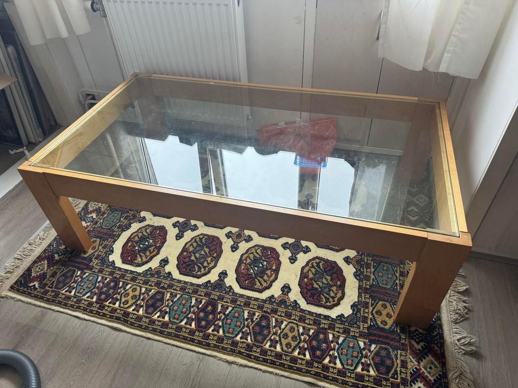 Unieke salontafel berkenhout met glazen blad, Ophalen, Gebruikt, 100 tot 150 cm, 50 tot 100 cm