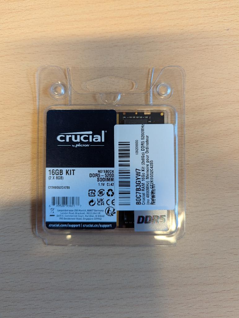 SEALED + GARANTIE: Crucial DDR5 RAM 16GB Kit 5200MHz SODIMM, Computers en Software, RAM geheugen, Nieuw, Ophalen of Verzenden