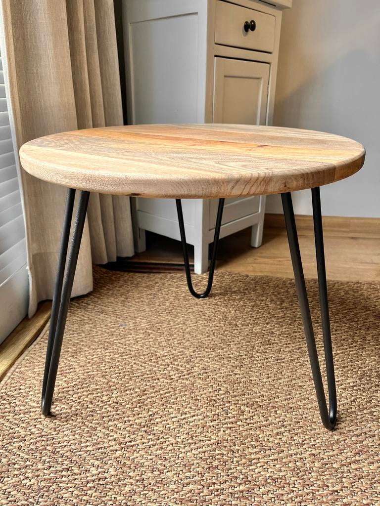 Ronde hardhouten salontafel met stalen hairpin poten, Ophalen, Zo goed als nieuw, Rond