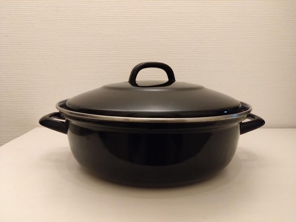 Ouderwetse zwarte en donker blauw emaille kookpan met deksel, Huis en Inrichting, Keuken | Potten en Pannen, Ophalen of Verzenden