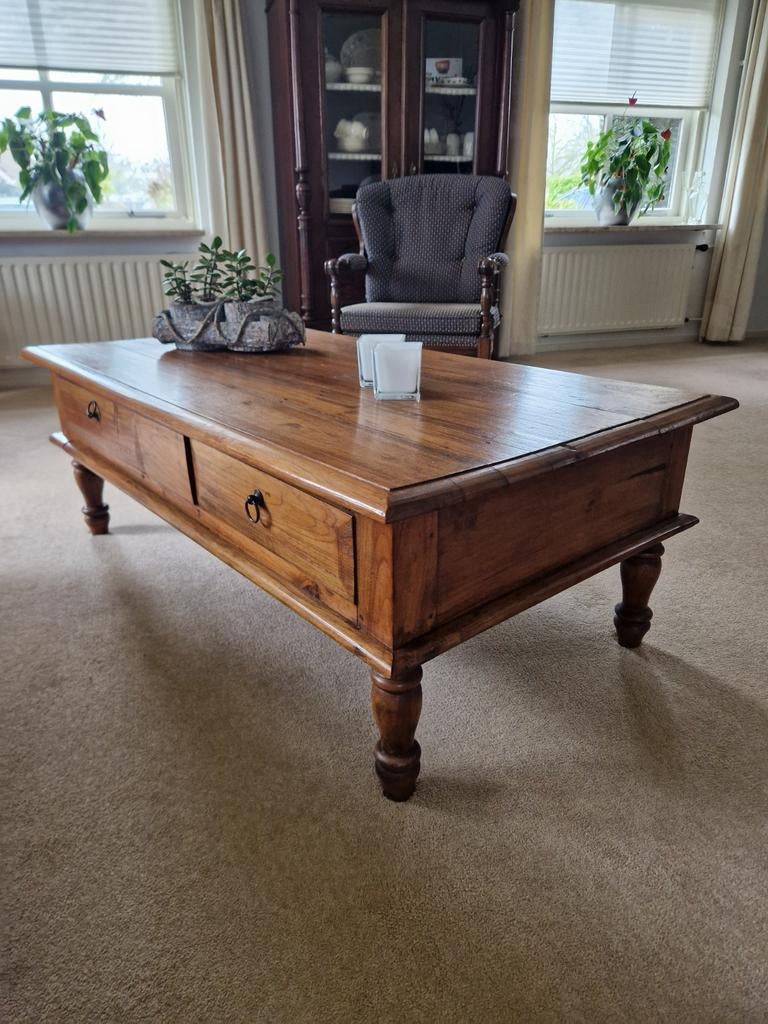 Antieke houten salontafel met lades, Ophalen, Gebruikt, 100 tot 150 cm, 50 tot 100 cm