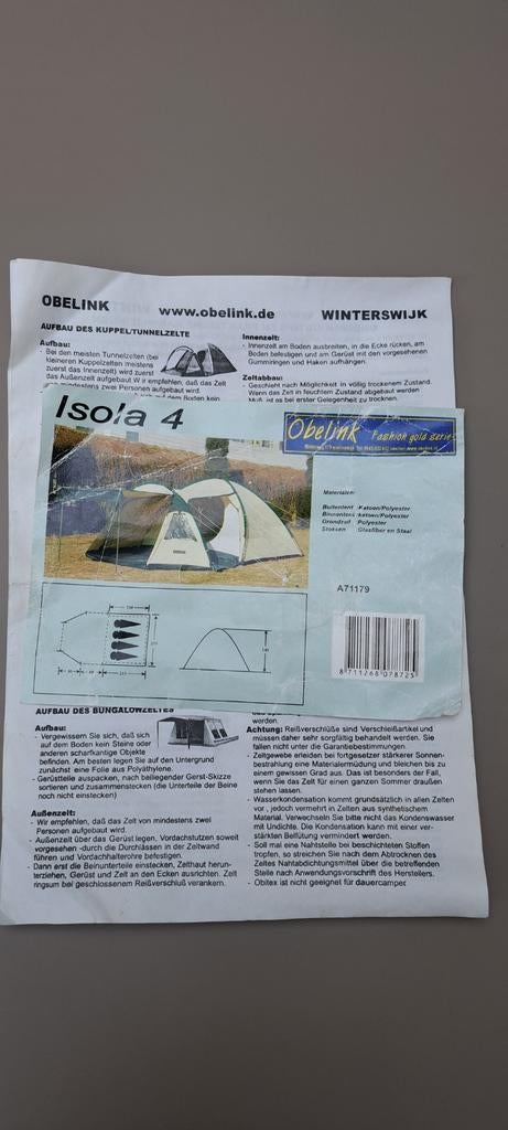 Obelink Isola 4 persoons tent - Ideaal voor kampeerders, Caravans en Kamperen, Tenten, Ophalen, Gebruikt, Tot en met 4