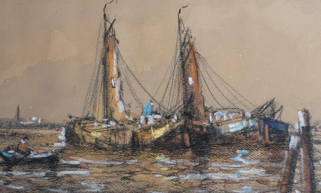 Rotterdamse haven Wim Bos Houtskool pastelkrijt, Antiek en Kunst, Kunst | Schilderijen | Klassiek, Ophalen of Verzenden