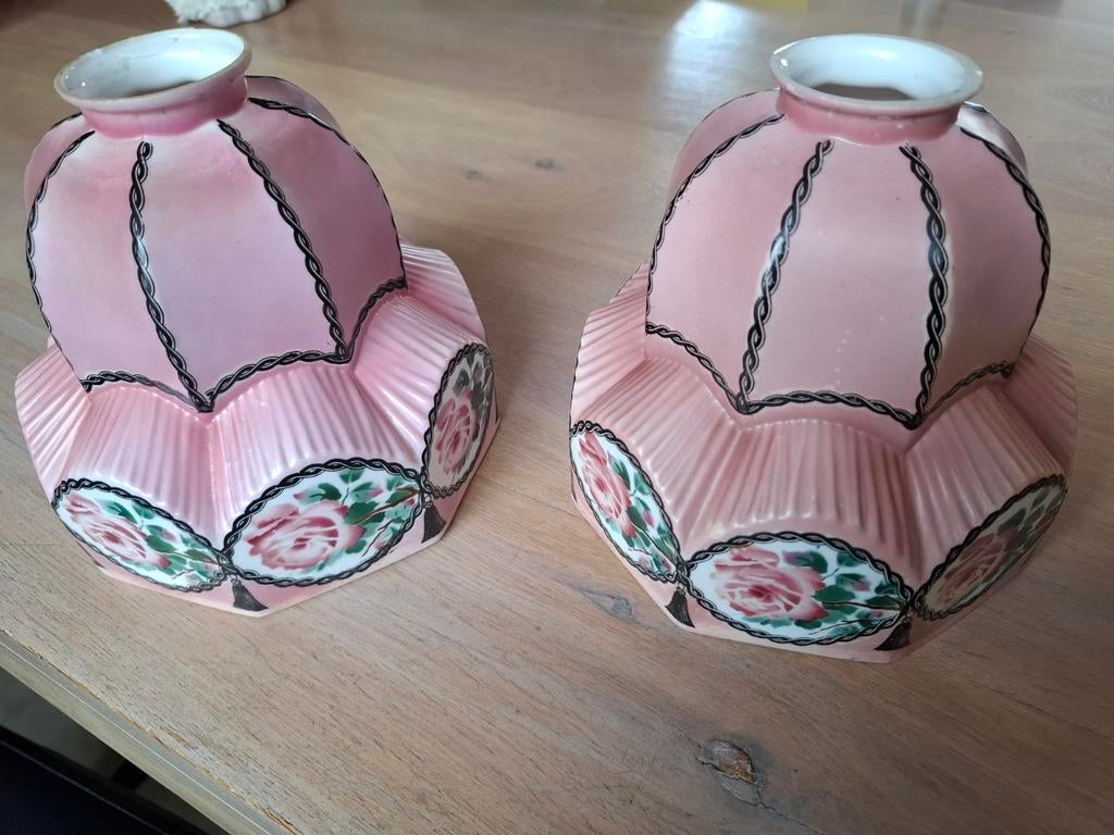 Set van 2 antieke roze glazen lampenkappen met rozen, Antiek en Kunst, Ophalen of Verzenden