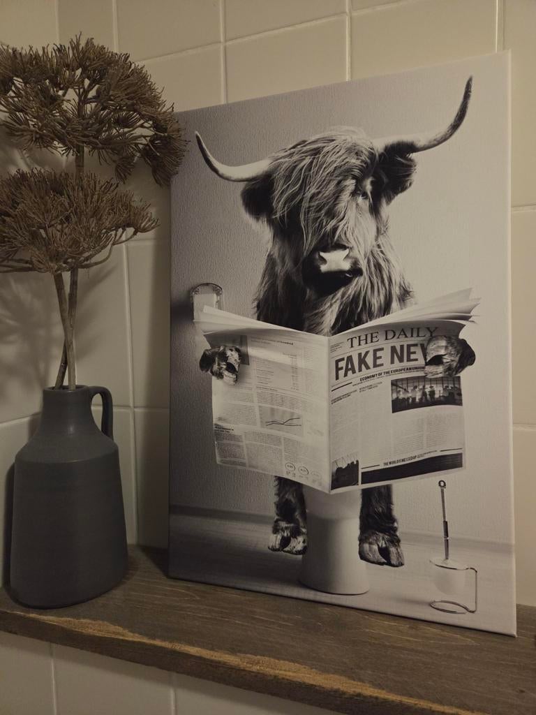 Schilderij Schotse Hooglander op toilet, Ophalen
