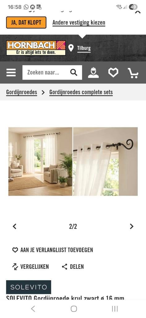 Gordijnroede zwart 2 meter, 16mm doorsnee, Ophalen