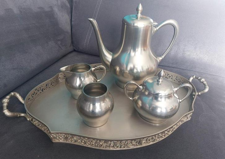 Tinnen koffieservies op dienblad, Antiek en Kunst, Antiek | Tin, Ophalen