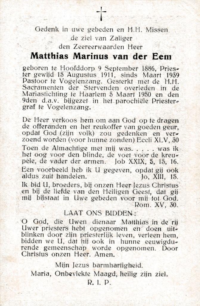 Eem Matthias 1886 Hoofddorp 1950 Haarlem  priester, Verzamelen, Bidprentjes en Rouwkaarten, Ophalen of Verzenden, Bidprentje