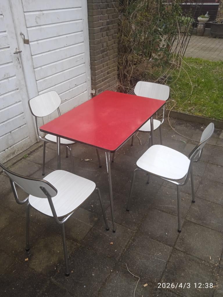 Mooie set rood witte formica stoelen en tafel jaren 60!!, Huis en Inrichting, Tafels | Eettafels, Ophalen, Kunststof, 50 tot 100 cm