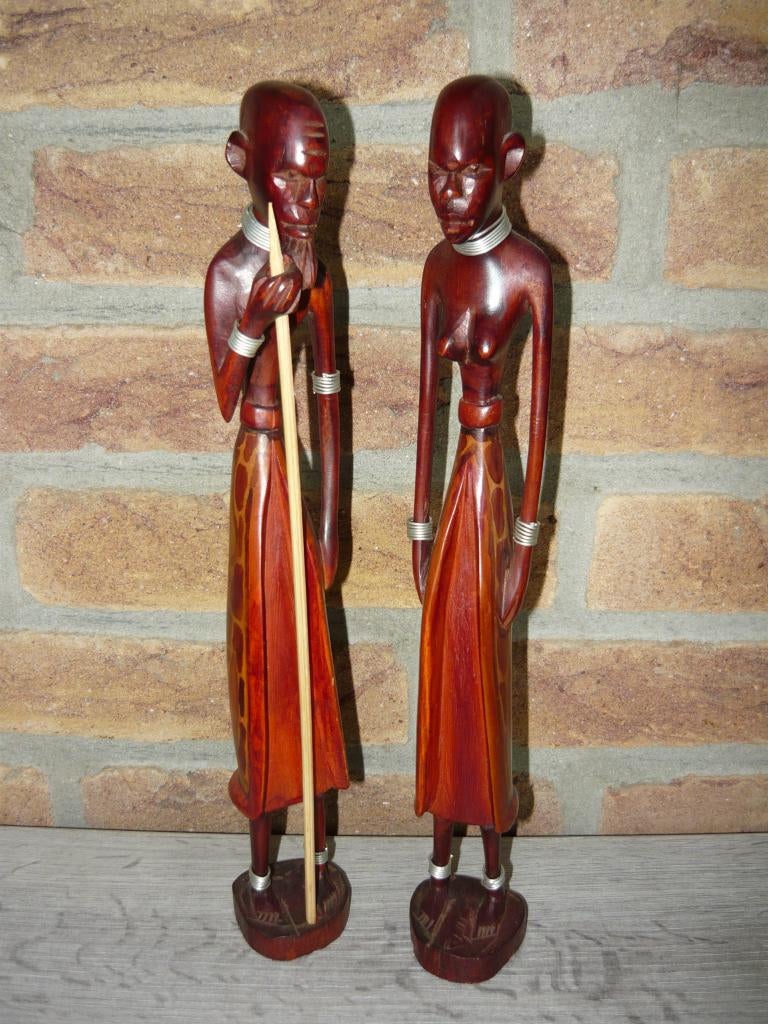 Houtsnijwerk : 2 Oosterse Stam Beelden (Man & Vrouw), Overige onderwerpen, Houtsnijwerk, Ophalen of Verzenden, 20 - 50 cm