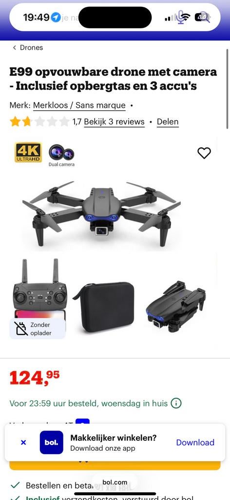 E99 nova drone, Audio, Tv en Foto, Drones, Ophalen, Nieuw, Cameradrone, Bediening via smartphone
