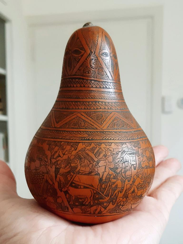 Antiek decoratieve kalebas met gedetailleerde graveringen, Ophalen of Verzenden