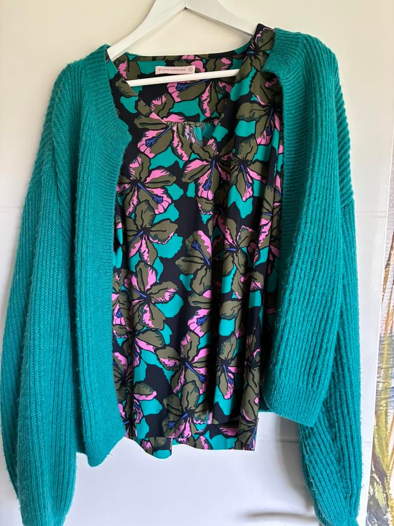 Studio Anneloes maat M, cardigan en blouse in turqoise,, Ophalen of Verzenden, Zo goed als nieuw, Maat 38/40 (M)