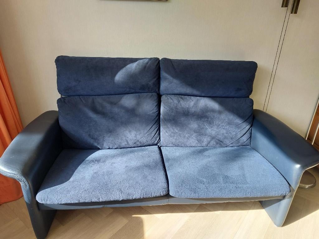 bank blauw leer, Huis en Inrichting, Banken | Bankstellen, Ophalen, Gebruikt, 75 tot 100 cm, Rechte bank