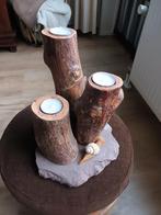Houten Kandelaar op stenen voet, flagstone, Huis en Inrichting, Woonaccessoires | Kandelaars en Kaarsen, Ophalen of Verzenden