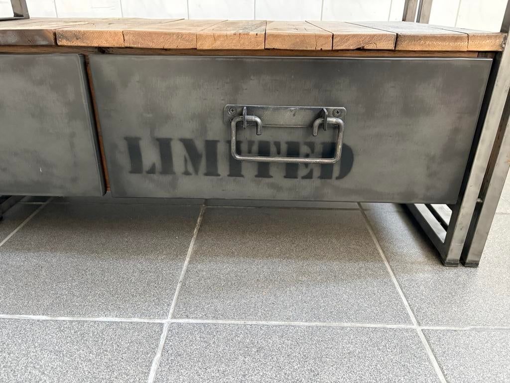 Industriële TV Meubel met Houten Blad en Metalen Laden, Huis en Inrichting, Kasten | Televisiemeubels, Ophalen, Gebruikt, 150 tot 200 cm