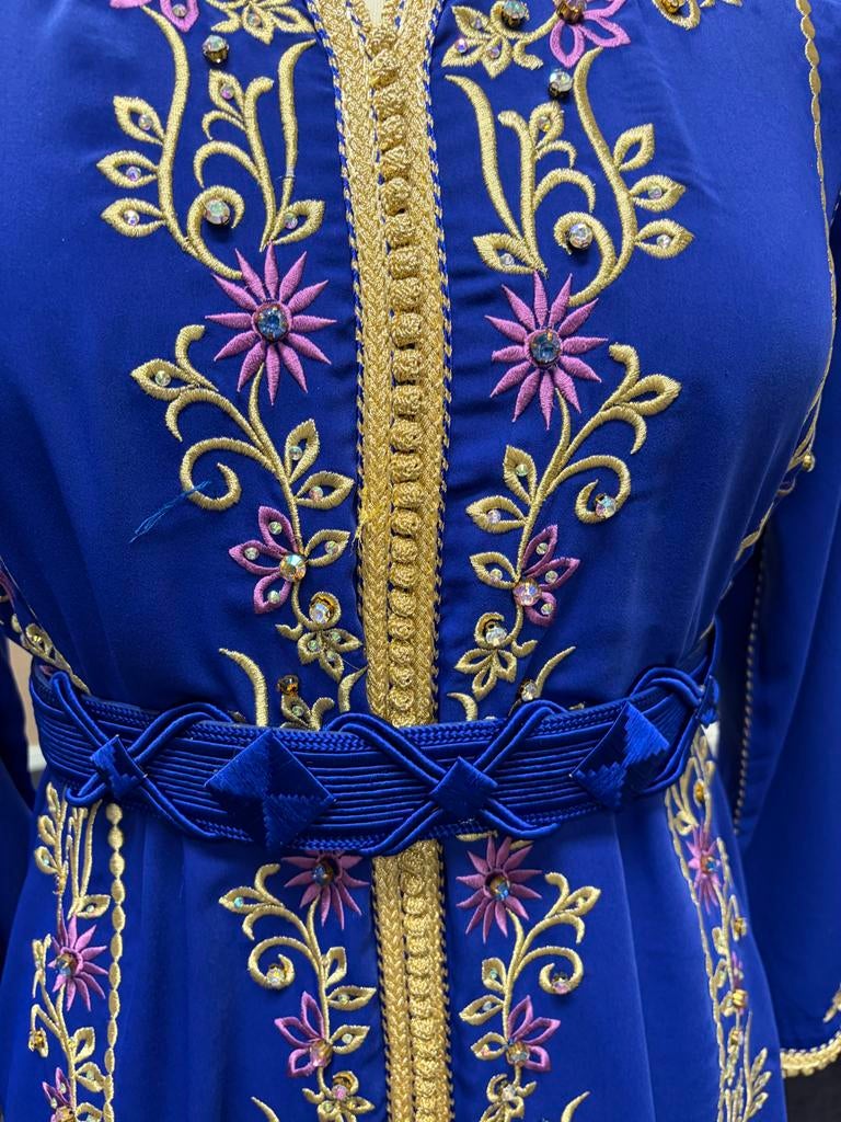 Prachtige blauwe kaftan met gouden borduursels - Maat L, Blauw, Maat 42/44 (L), Ophalen of Verzenden, Zo goed als nieuw