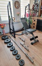 halterbank squatrek olympische stangen en gewichten 50mm, Sport en Fitness, Fitnessmaterialen, Ophalen, Zo goed als nieuw