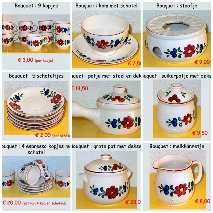 delen van servies Brabants Bont van Bouquet, Huis en Inrichting, Keuken | Servies, Gebruikt, Overige typen, Overige stijlen, Aardewerk