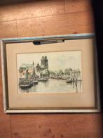 tekening van een haven in Dordrecht met de grote kerk, Antiek en Kunst, Ophalen of Verzenden