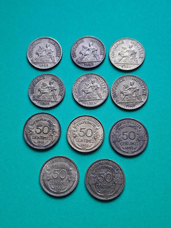 1922 - 1937 Frankrijk 50 centimes 11 verschillende, Postzegels en Munten, Munten | Europa | Niet-Euromunten, Setje, Frankrijk