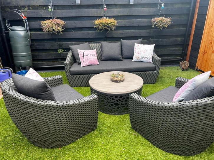 Tuinset 5 delig. Donkergroen/zwart weerbestendige kussens, Tuin en Terras, Tuinsets en Loungesets, Zo goed als nieuw, Ophalen