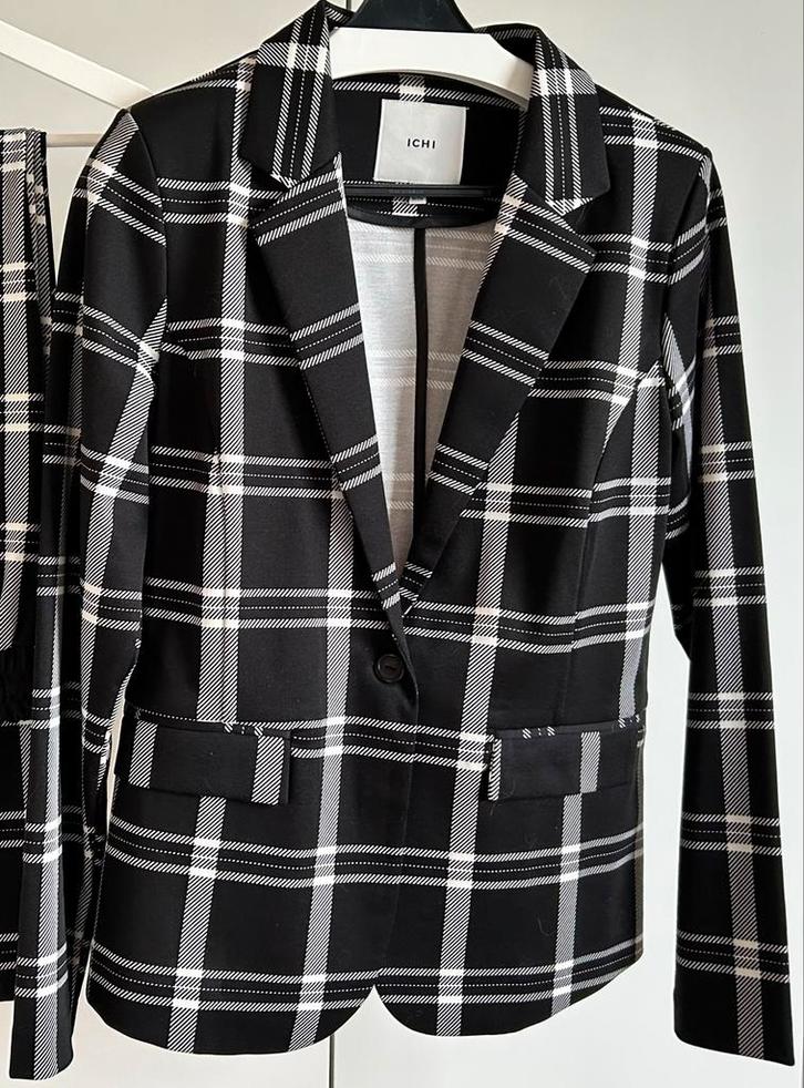 ICHI Blazer - Zwart/Wit Ruit - Maat L, Kleding | Dames, Jasjes, Kostuums en Pakken, Zo goed als nieuw, Jasje, Maat 38/40 (M), Zwart