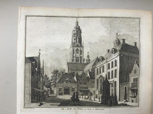 Rhenen, Markt, Stadhuis, Kerk, Stadhuis, 1750, Antiek en Kunst, Kunst | Etsen en Gravures, Verzenden