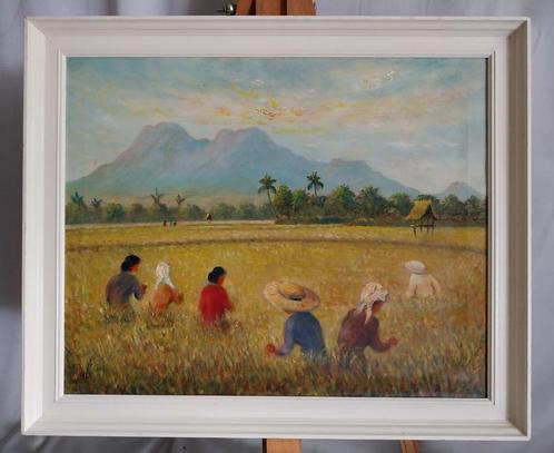 Indonesië - De Rijst Oogst - Monogram - 1950, Antiek en Kunst, Kunst | Schilderijen | Klassiek, Ophalen of Verzenden